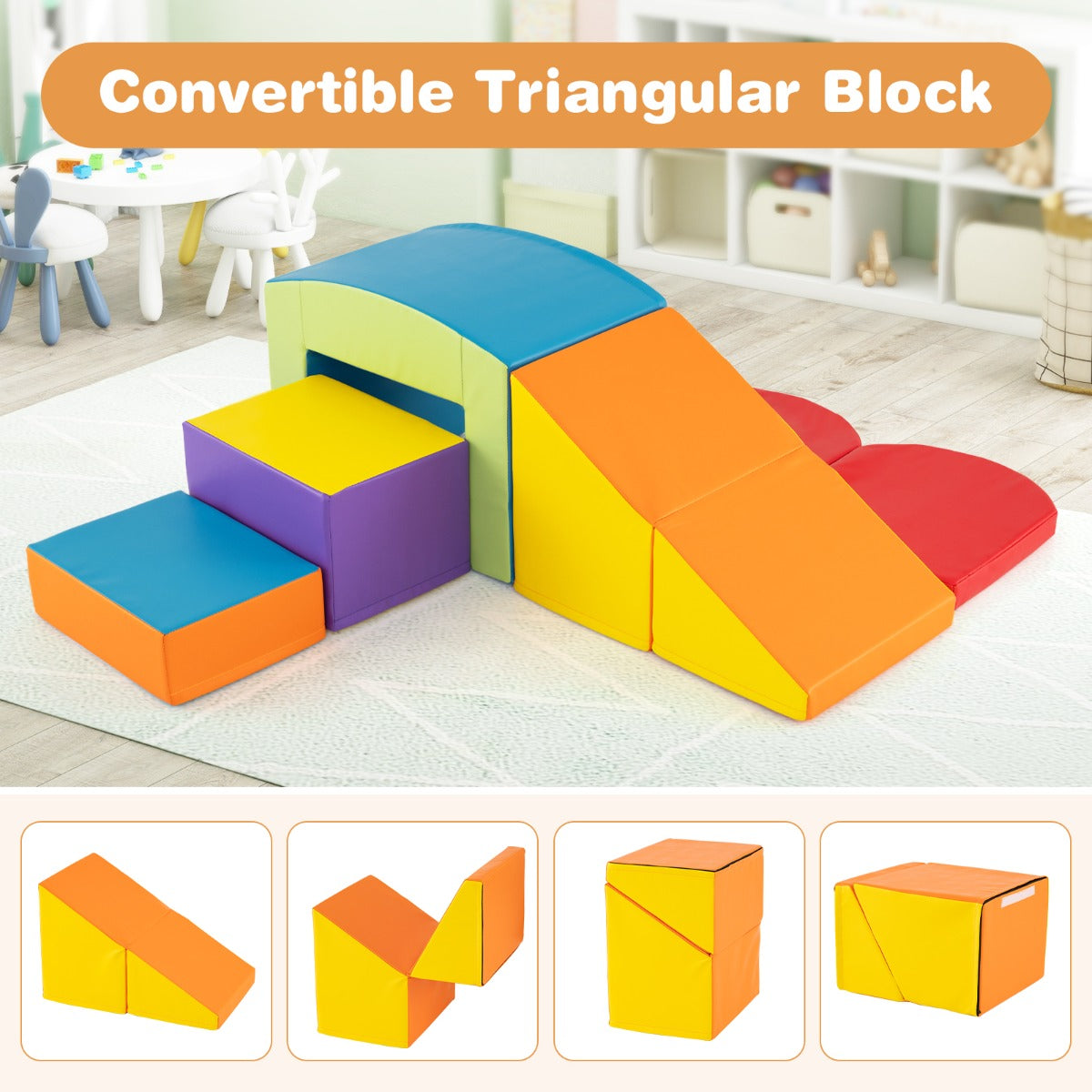 6 PCS Foam Climbing Blocks with Tunnel Stairs and Ramp for 12 Months+-Colourful