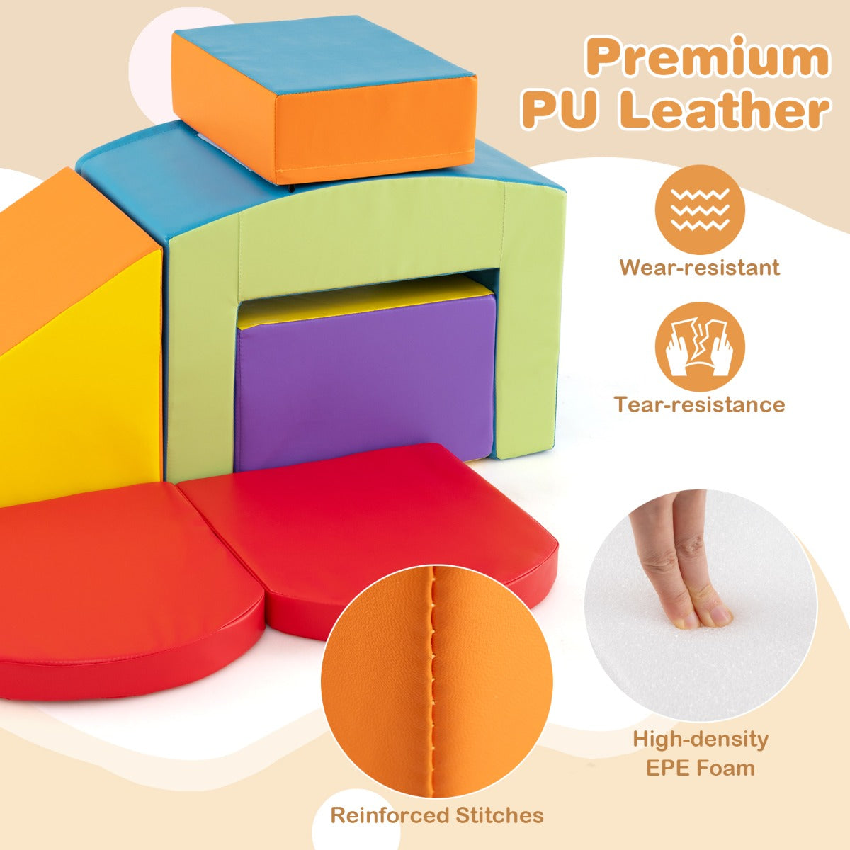 6 PCS Foam Climbing Blocks with Tunnel Stairs and Ramp for 12 Months+-Colourful