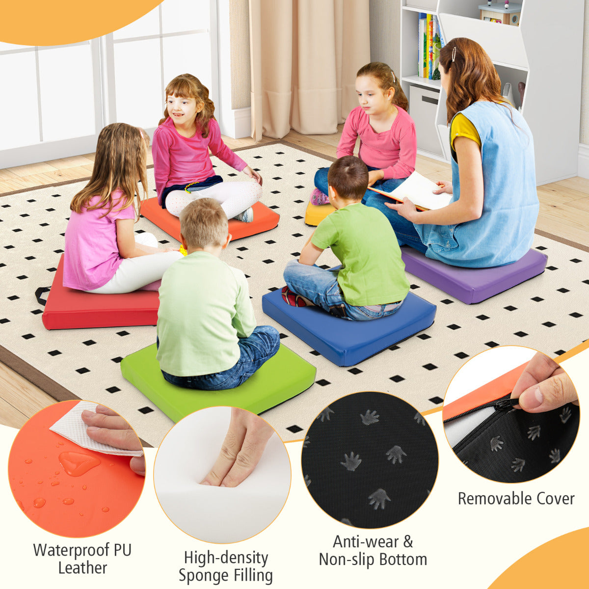 6 PCS Square Floor Cushions with Carrying Handles-Colourful