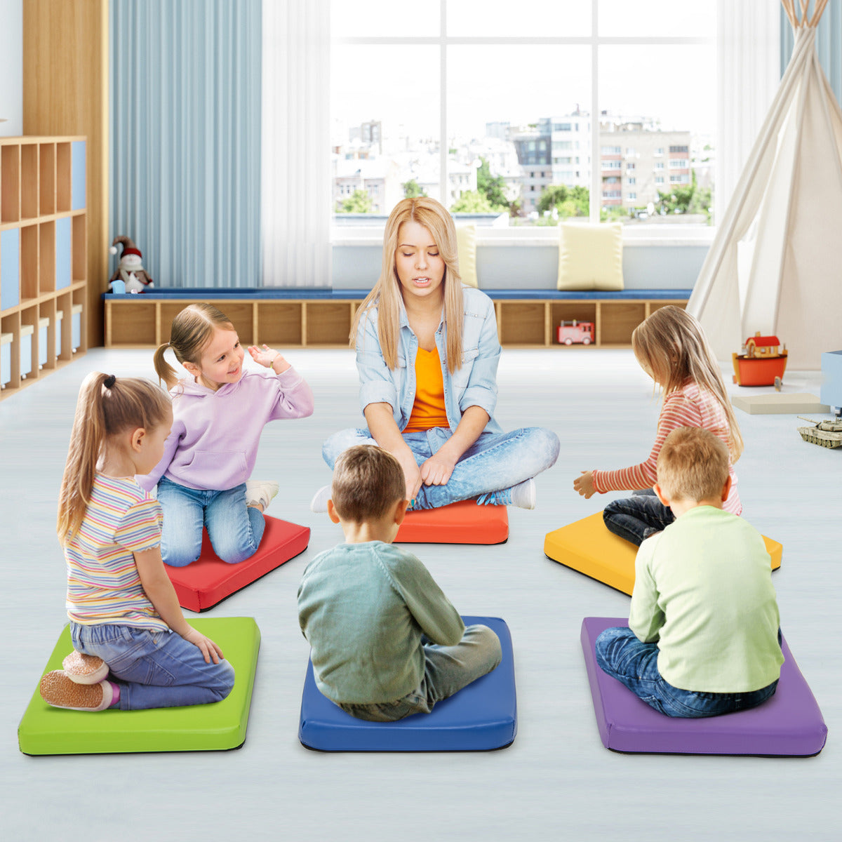6 PCS Square Floor Cushions with Carrying Handles-Colourful