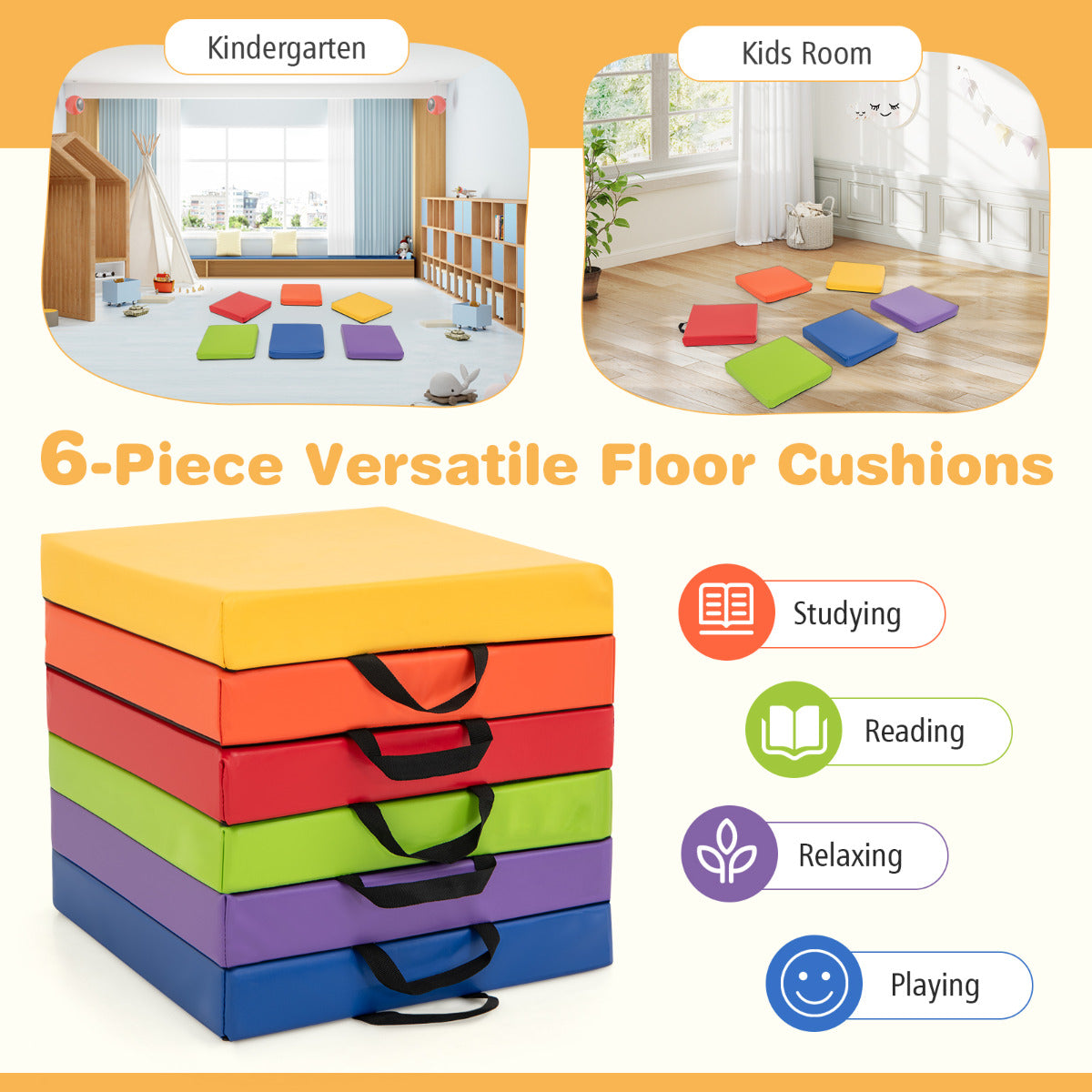 6 PCS Square Floor Cushions with Carrying Handles-Colourful