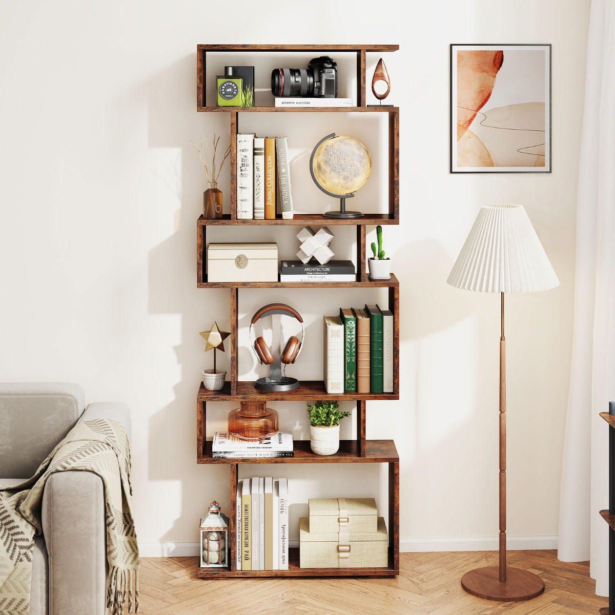6-Tier Geometric Bookshelf with 2 Anti-Tipping Kits-Rustic Brown