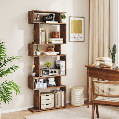 6-Tier Geometric Bookshelf with 2 Anti-Tipping Kits-Rustic Brown