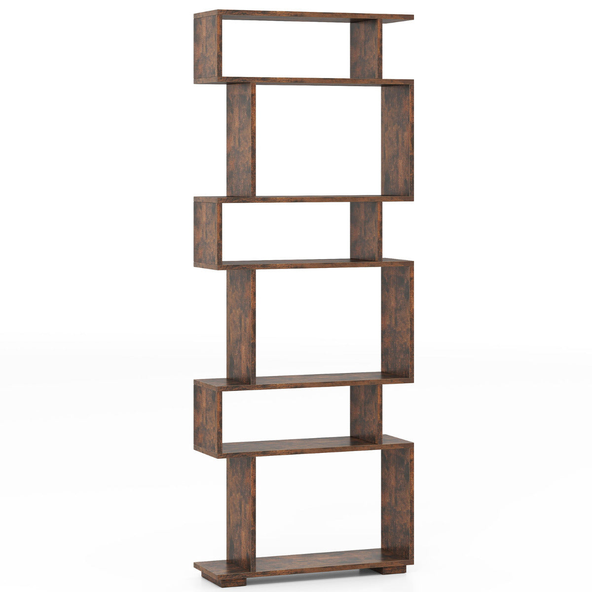 6-Tier Geometric Bookshelf with 2 Anti-Tipping Kits-Rustic Brown