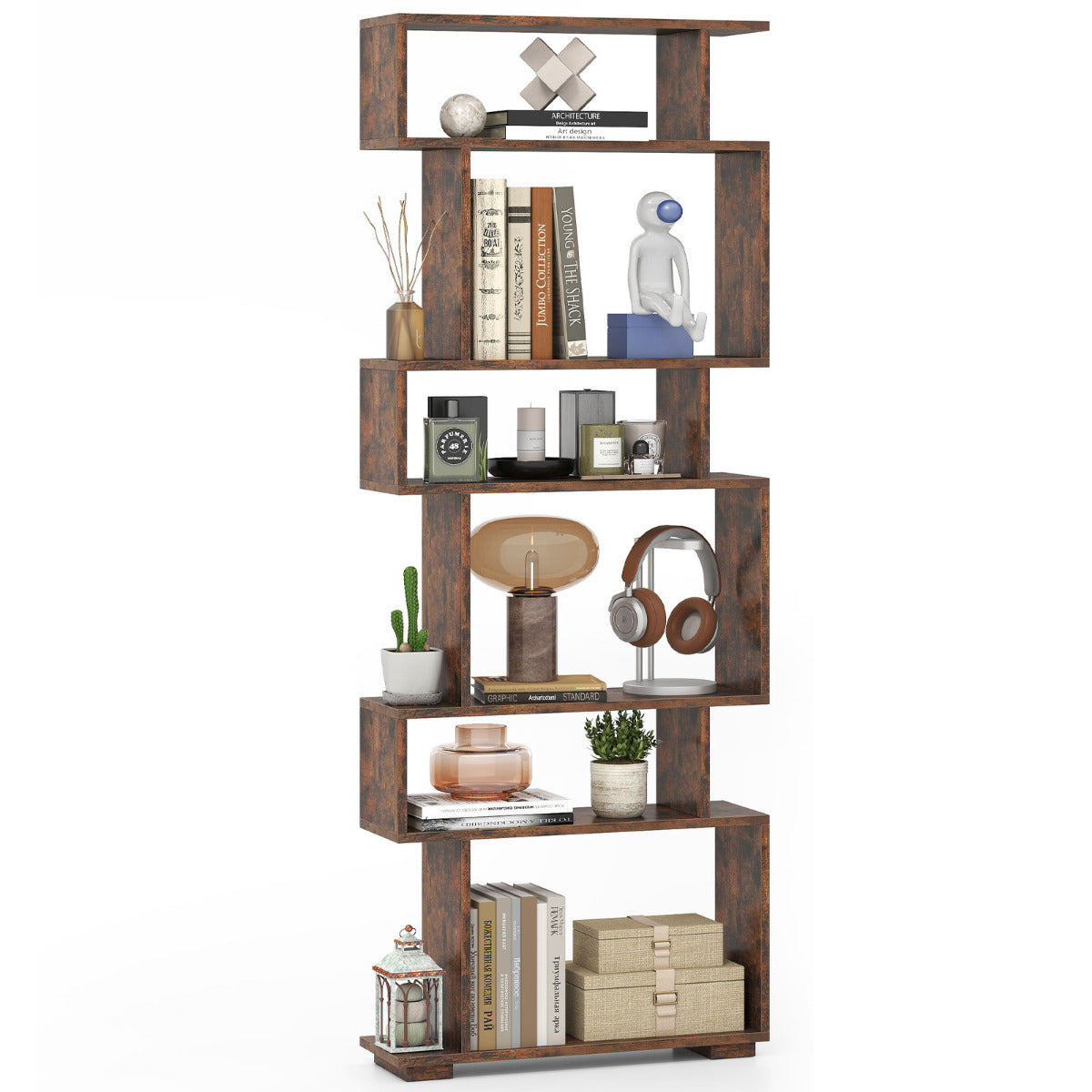 6-Tier Geometric Bookshelf with 2 Anti-Tipping Kits-Rustic Brown