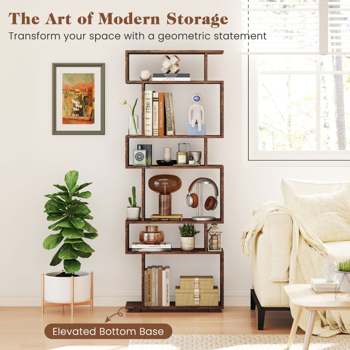 6-Tier Geometric Bookshelf with 2 Anti-Tipping Kits-Rustic Brown