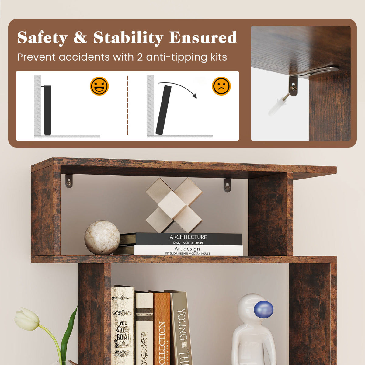 6-Tier Geometric Bookshelf with 2 Anti-Tipping Kits-Rustic Brown