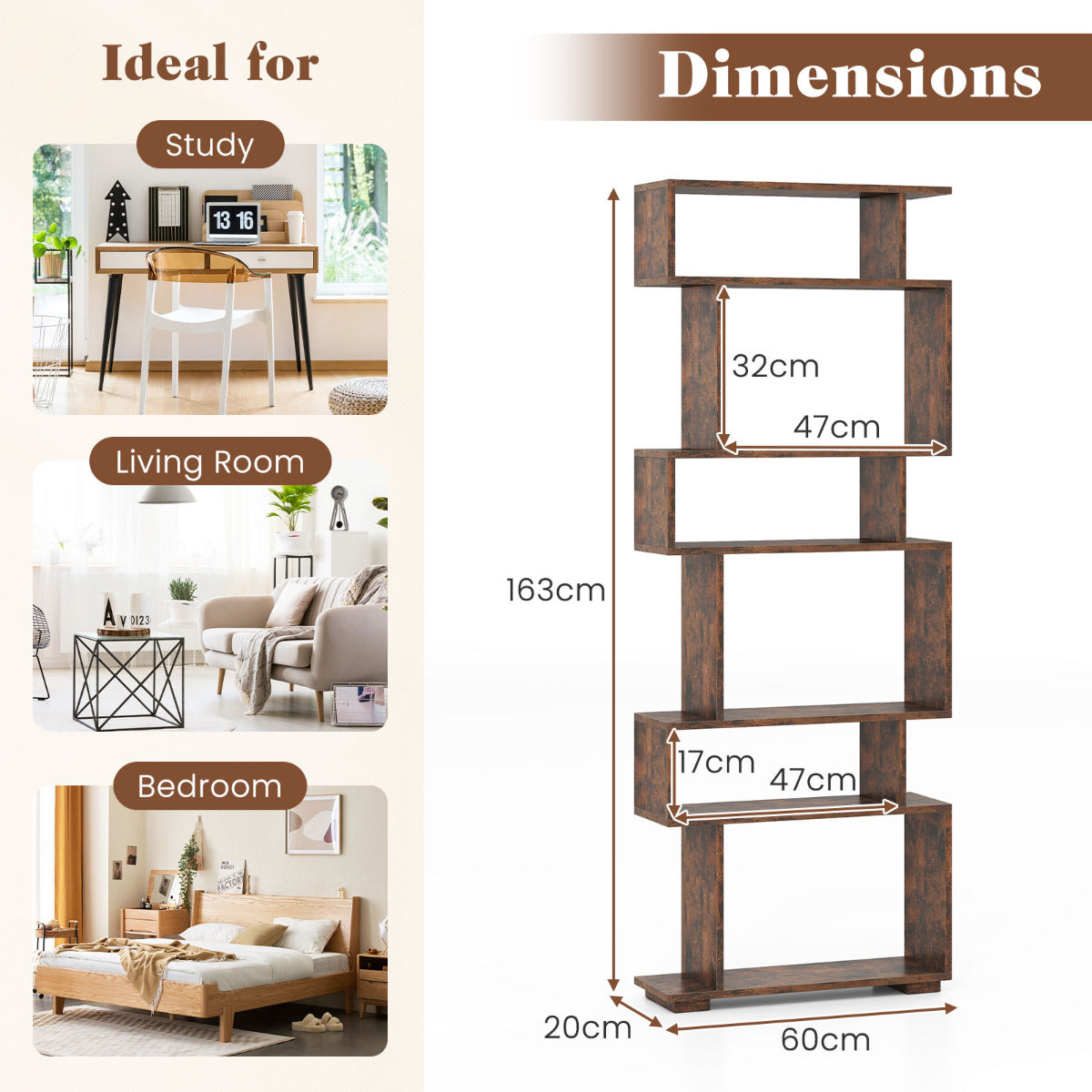 6-Tier Geometric Bookshelf with 2 Anti-Tipping Kits-Rustic Brown