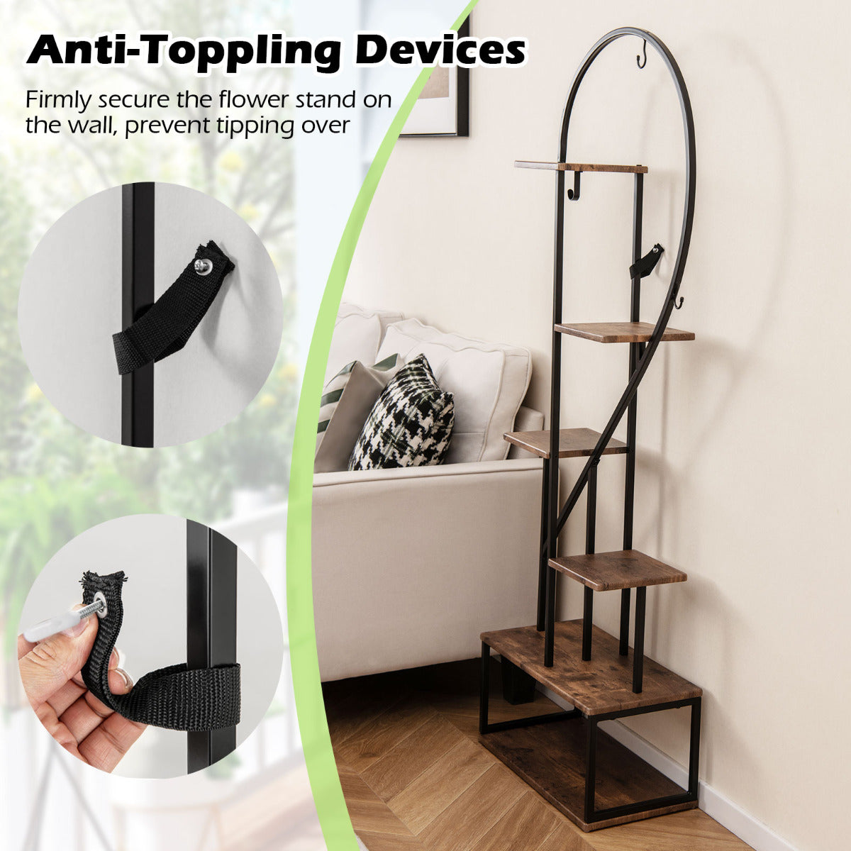6-Tier Metal Plant Stand with 12 Boards and 6 Hanging Hooks-Coffee