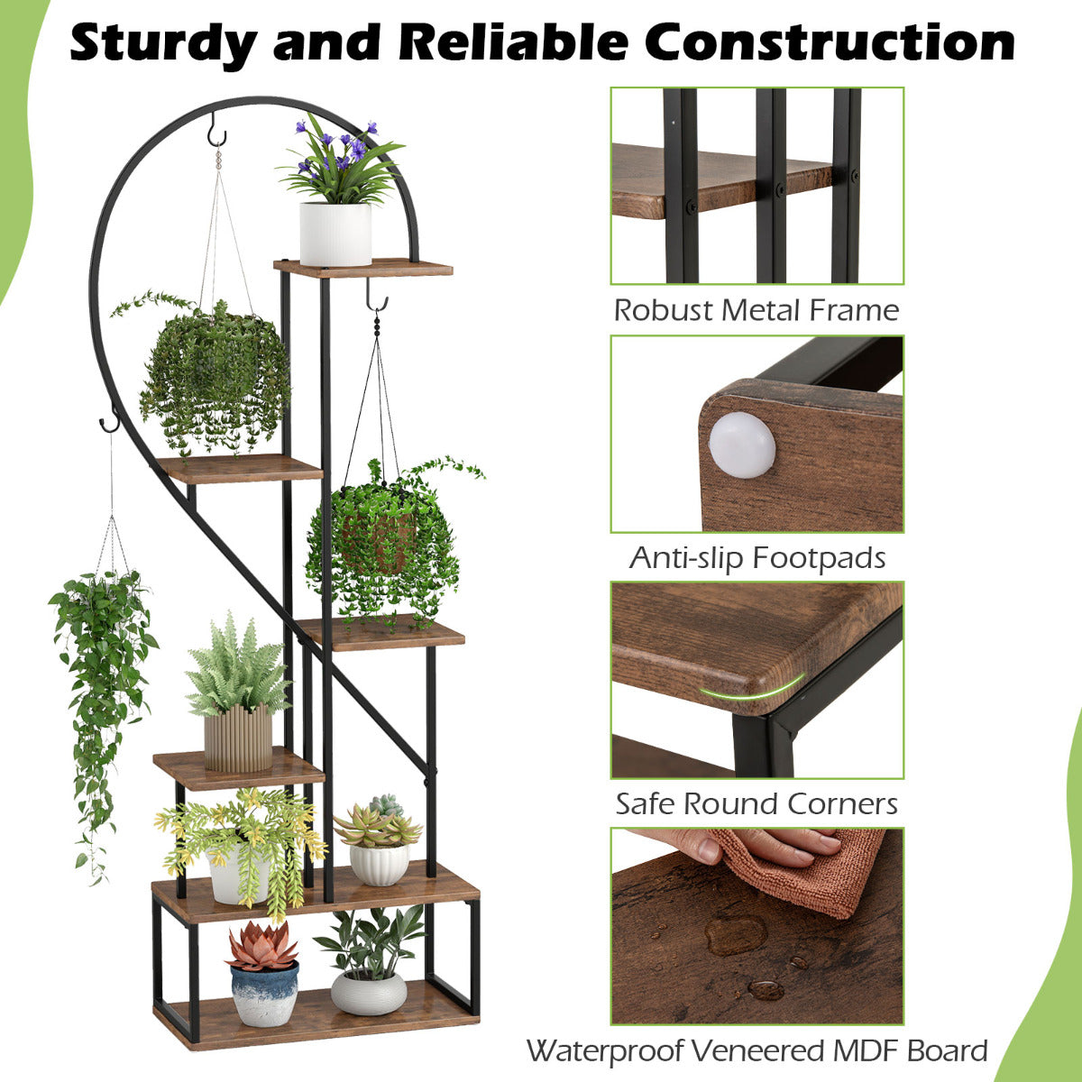 6-Tier Metal Plant Stand with 12 Boards and 6 Hanging Hooks-Coffee