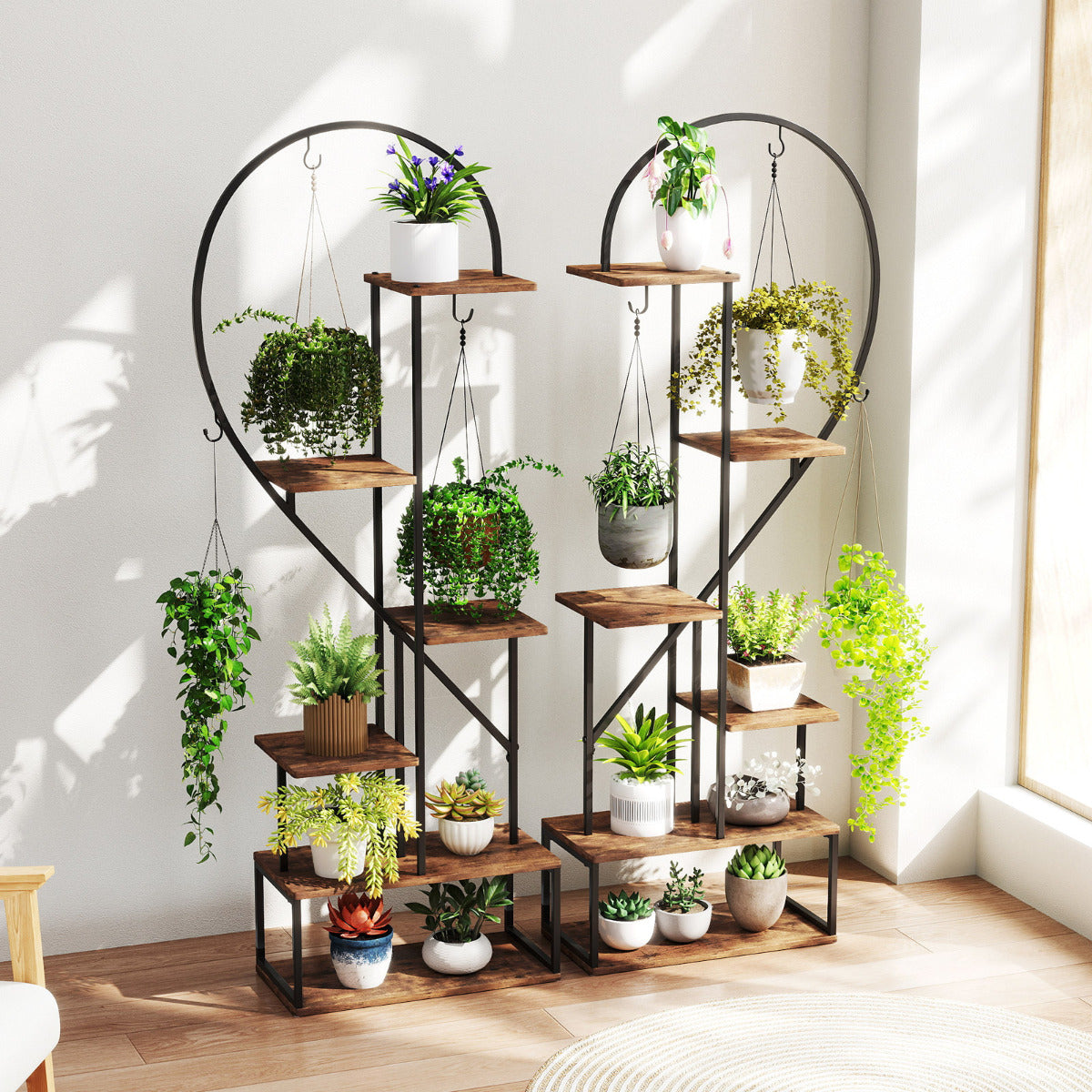 6-Tier Metal Plant Stand with 12 Boards and 6 Hanging Hooks-Coffee