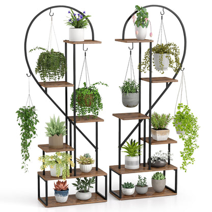 6-Tier Metal Plant Stand with 12 Boards and 6 Hanging Hooks-Coffee