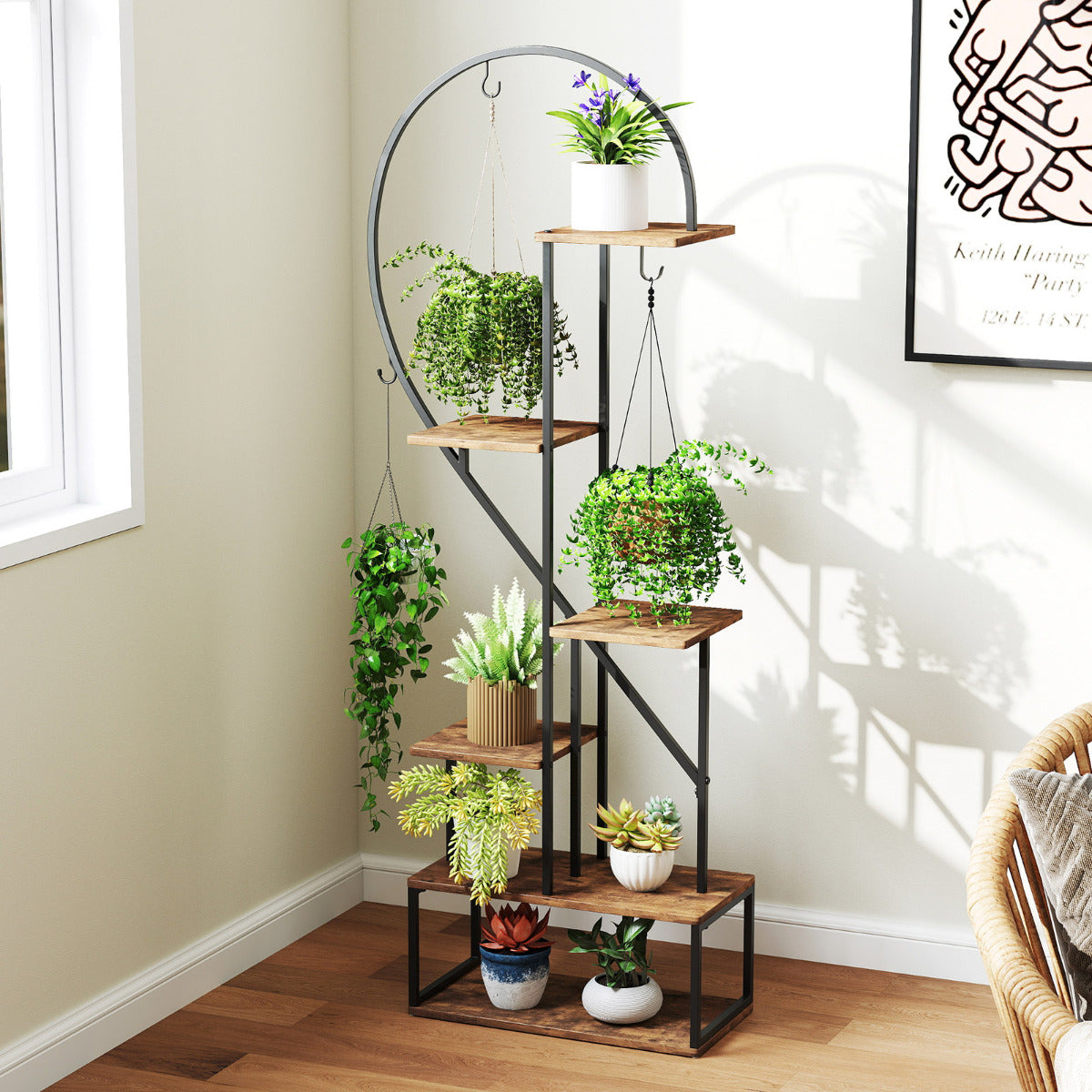 6-Tier Metal Plant Stand with 12 Boards and 6 Hanging Hooks-Coffee