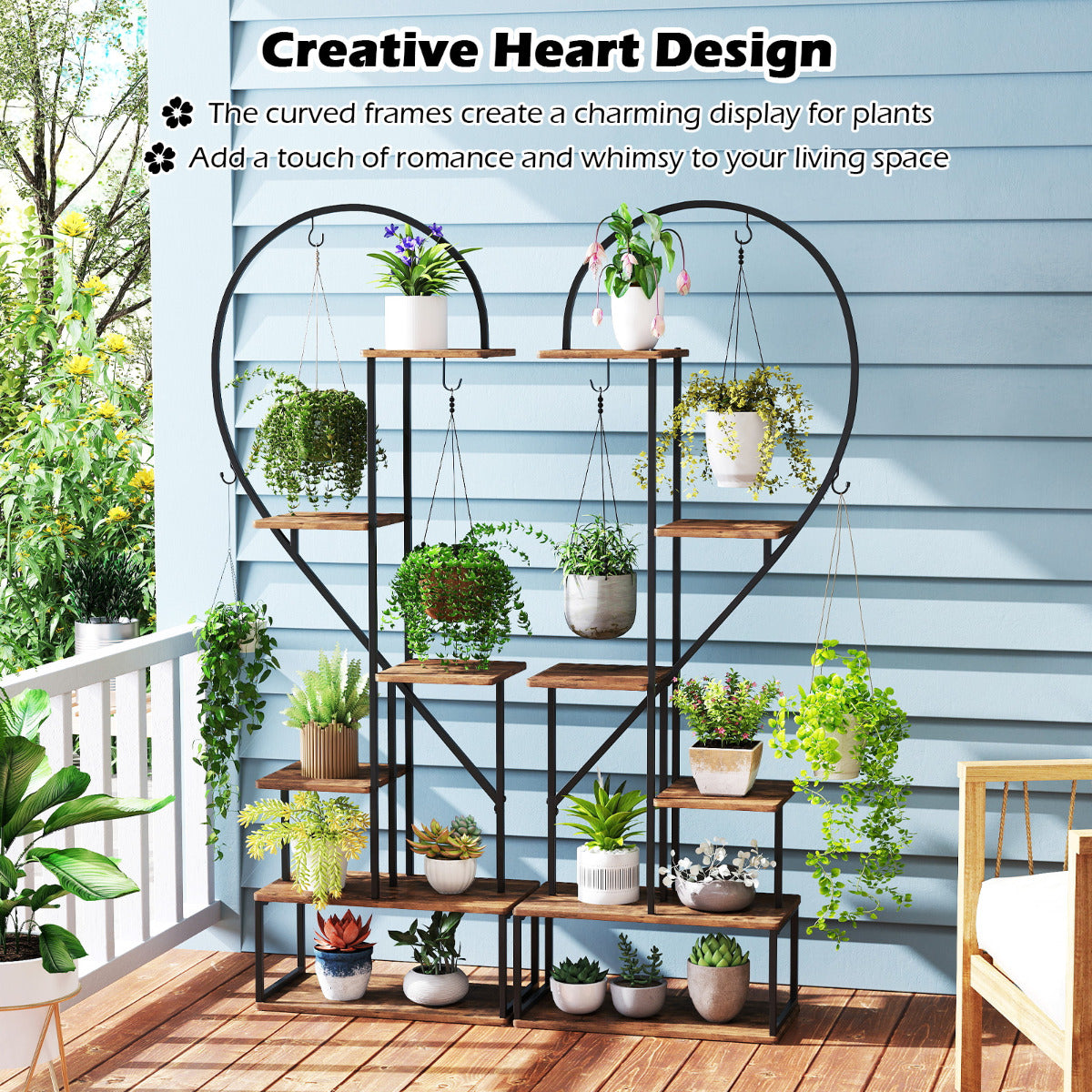6-Tier Metal Plant Stand with 12 Boards and 6 Hanging Hooks-Coffee