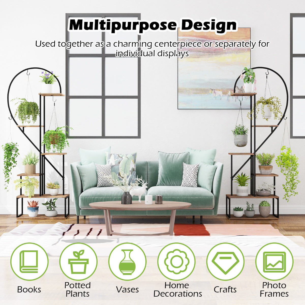 6-Tier Metal Plant Stand with 12 Boards and 6 Hanging Hooks-Coffee