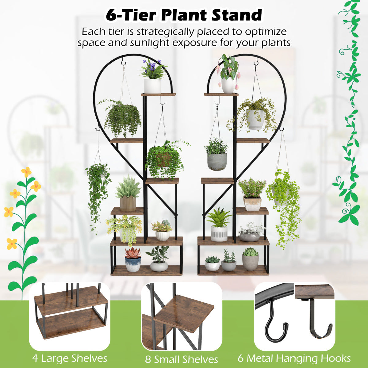 6-Tier Metal Plant Stand with 12 Boards and 6 Hanging Hooks-Coffee