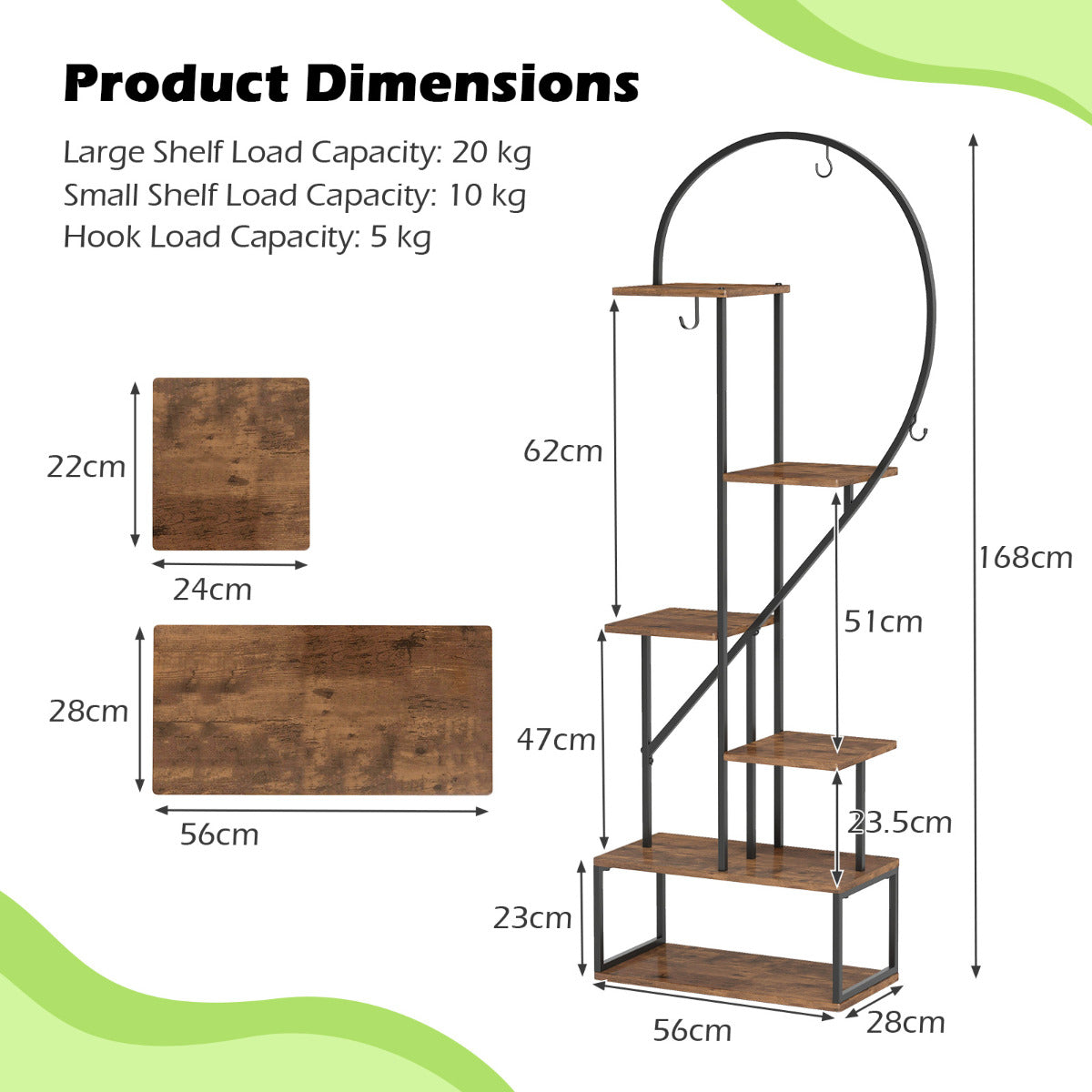 6-Tier Metal Plant Stand with 12 Boards and 6 Hanging Hooks-Coffee