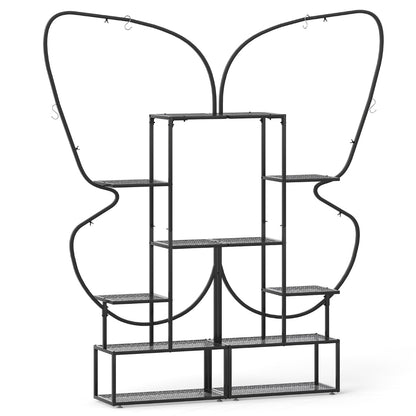 6-Tier Metal Plant Stand with 12 Metal Mesh Boards and 4 Hanging Hooks-Black