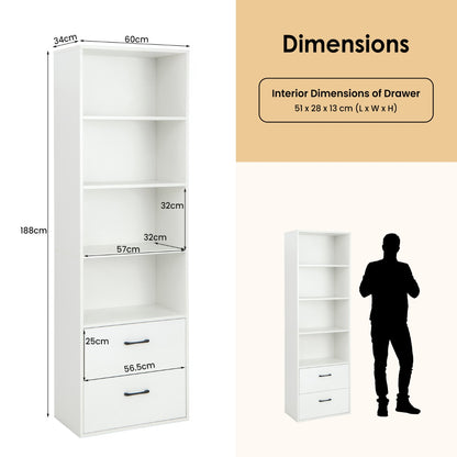 Costway 6-Tier Modern Bookcase with 4 Open Shelves and 2 Drawers