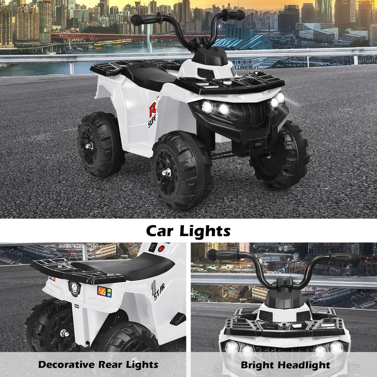 Costway 6V Battery Powered ATV with 4 Anti-skid Wheels Music Player-White