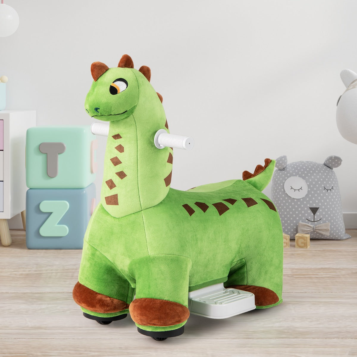 6V Dinosaur Ride on Toy for Kids with Music and Foot Pedal-Green