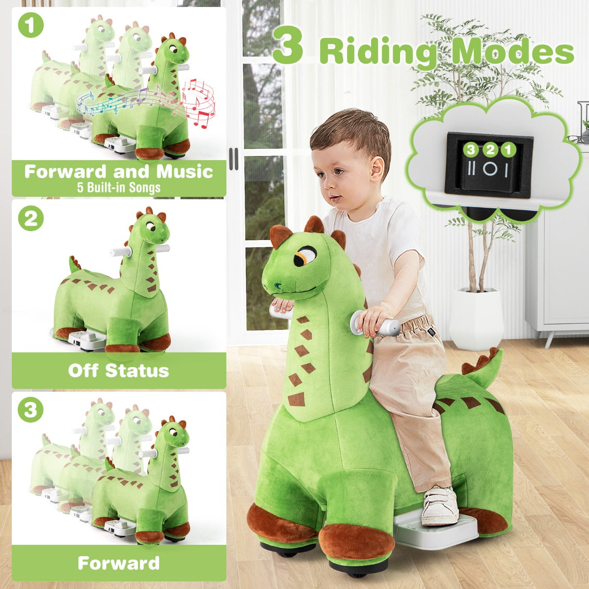 6V Dinosaur Ride on Toy for Kids with Music and Foot Pedal-Green
