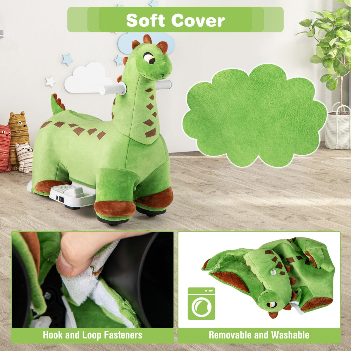 6V Dinosaur Ride on Toy for Kids with Music and Foot Pedal-Green