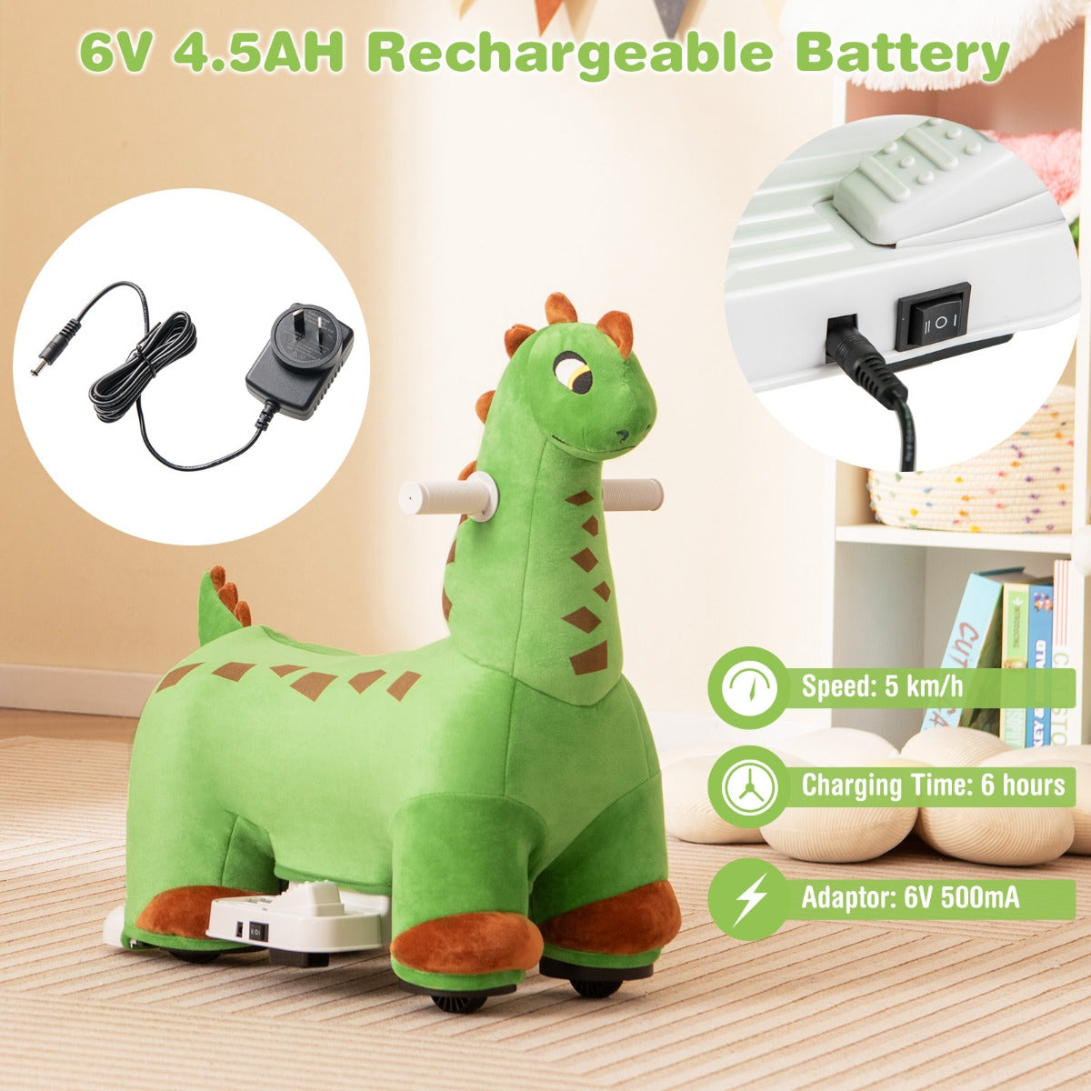 6V Dinosaur Ride on Toy for Kids with Music and Foot Pedal-Green