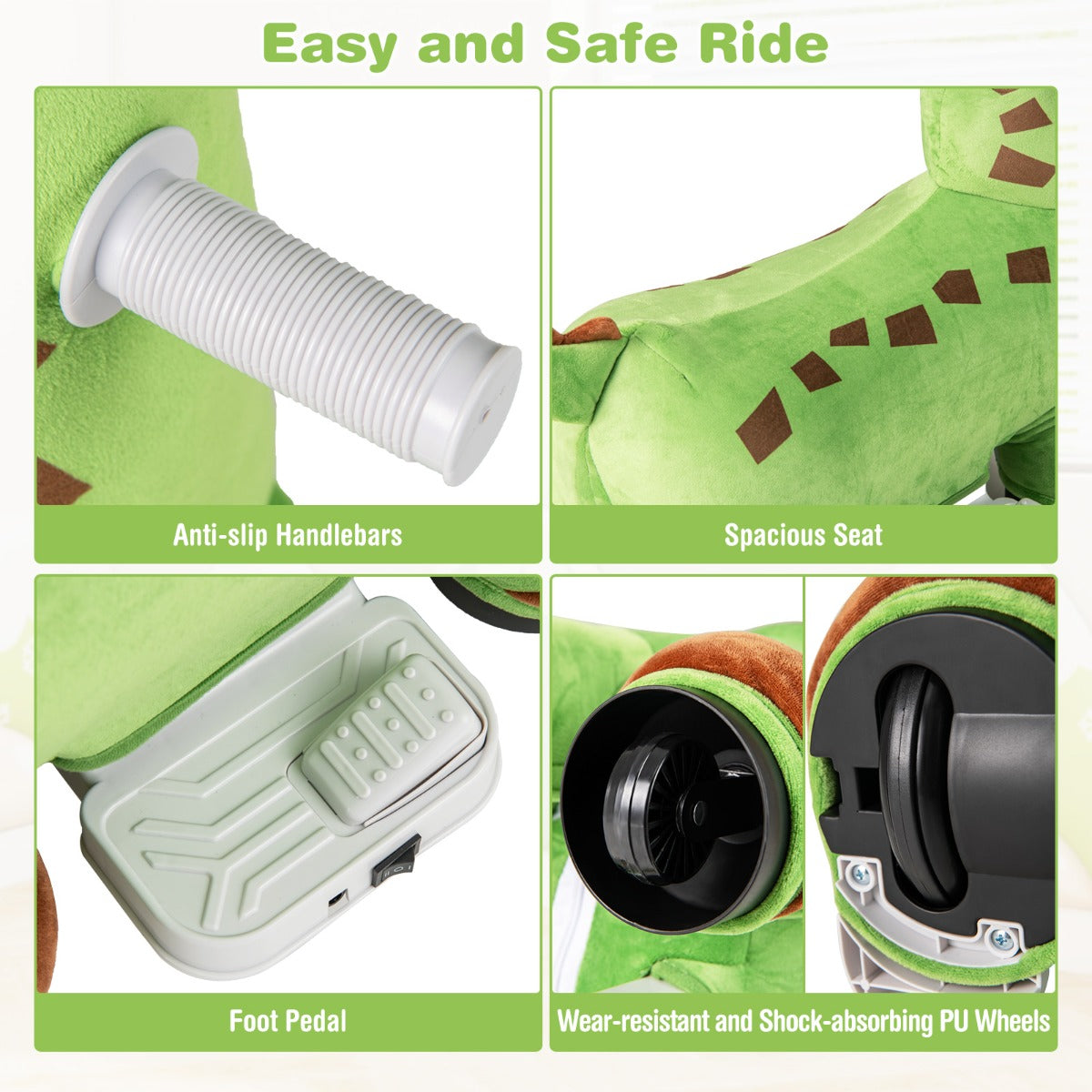 6V Dinosaur Ride on Toy for Kids with Music and Foot Pedal-Green