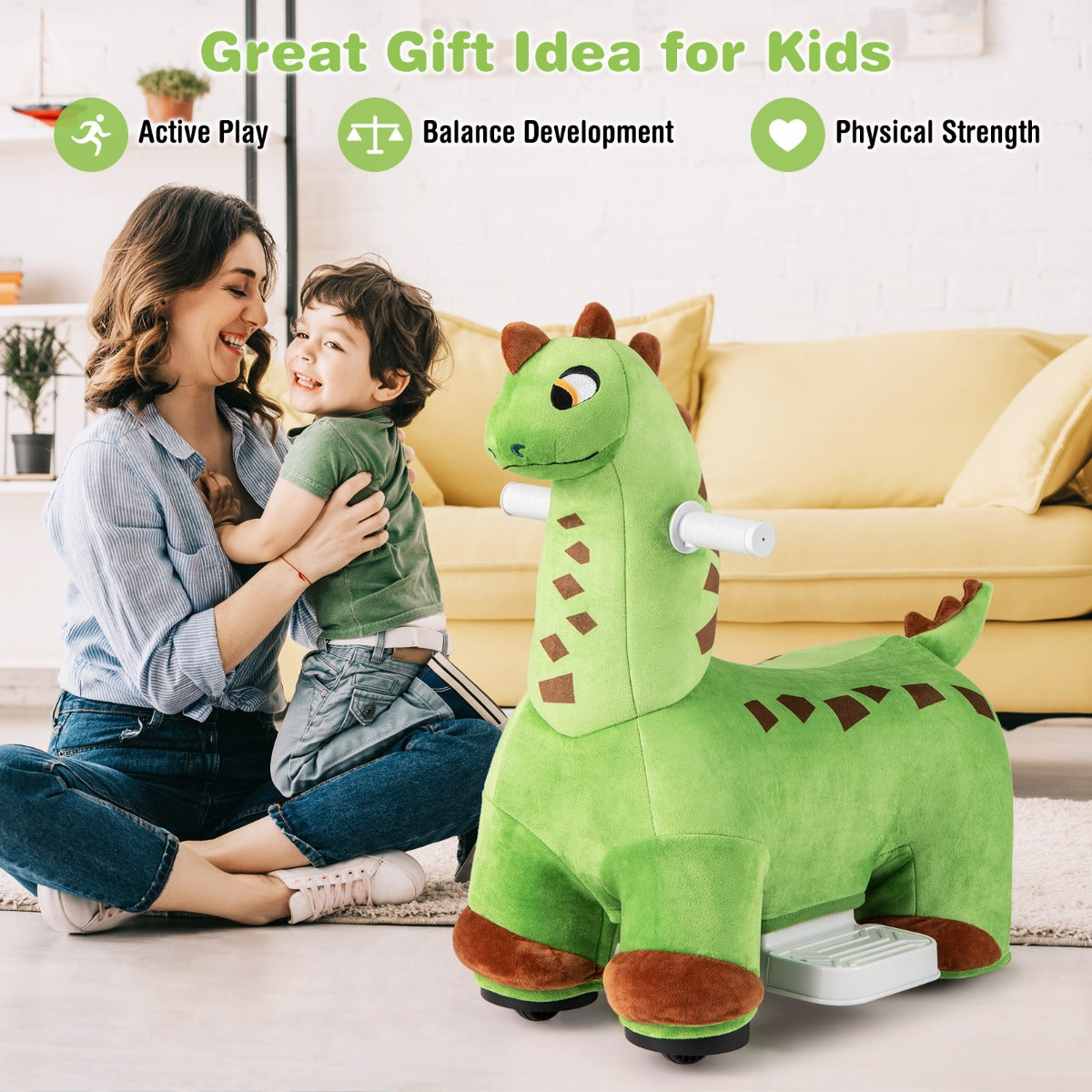 6V Dinosaur Ride on Toy for Kids with Music and Foot Pedal-Green