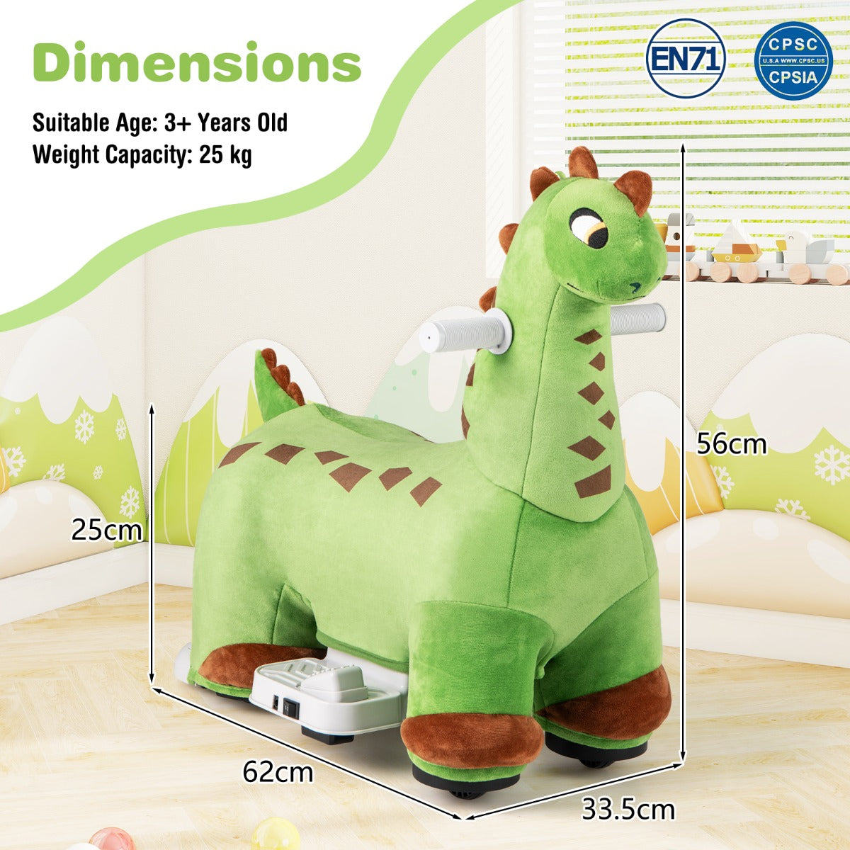 6V Dinosaur Ride on Toy for Kids with Music and Foot Pedal-Green