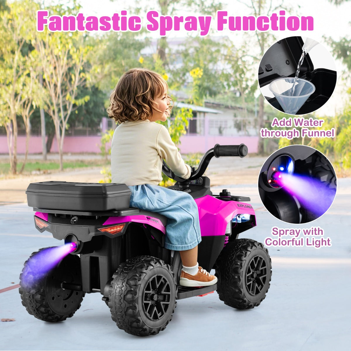 6V Kids Ride On ATV with Music and Spray Function-Pink