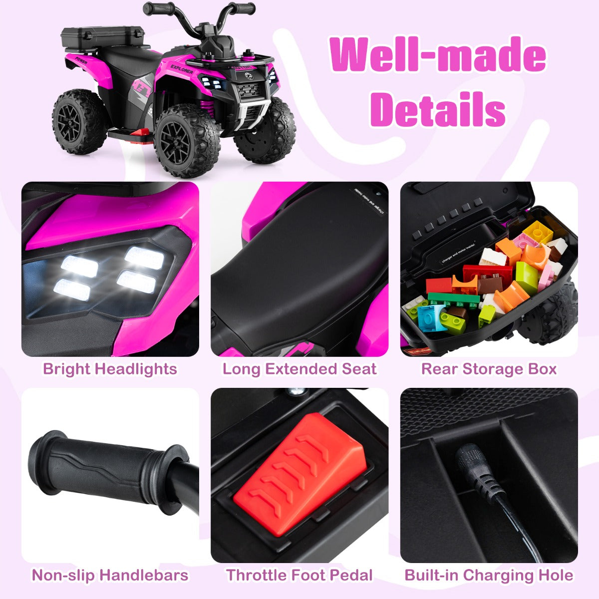 6V Kids Ride On ATV with Music and Spray Function-Pink
