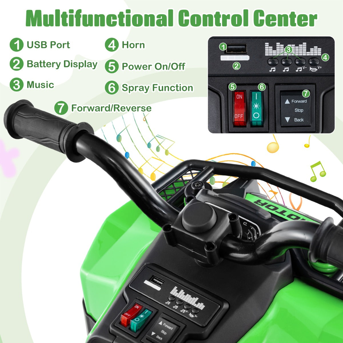 6V Kids Ride On ATV with Music and Spray Function-Green