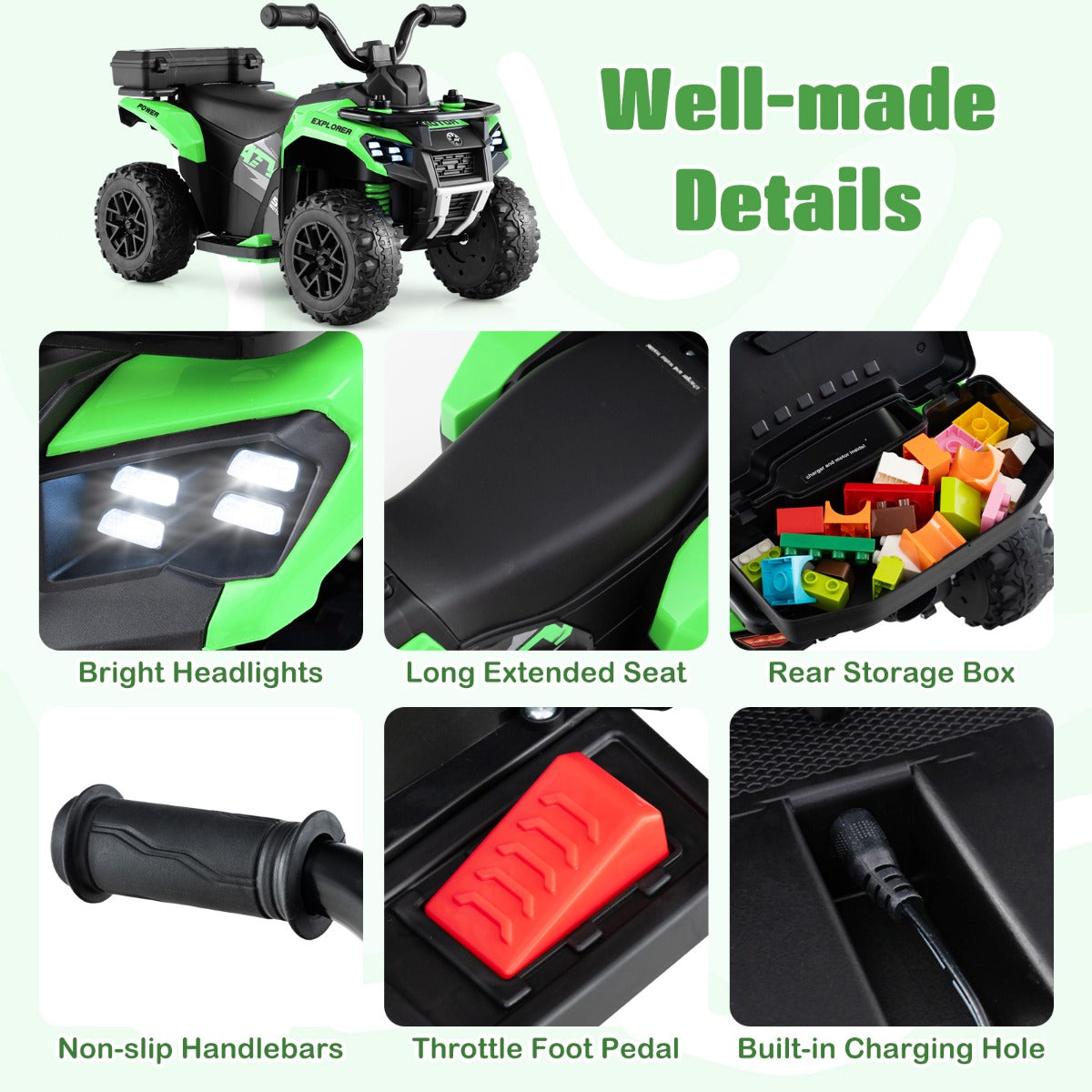 6V Kids Ride On ATV with Music and Spray Function-Green