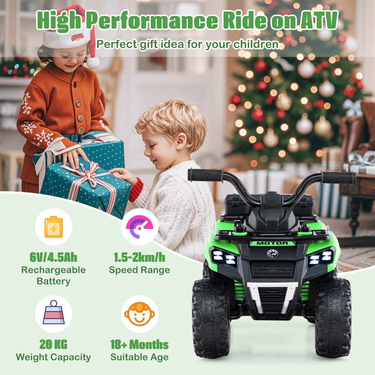 6V Kids Ride On ATV with Music and Spray Function-Green