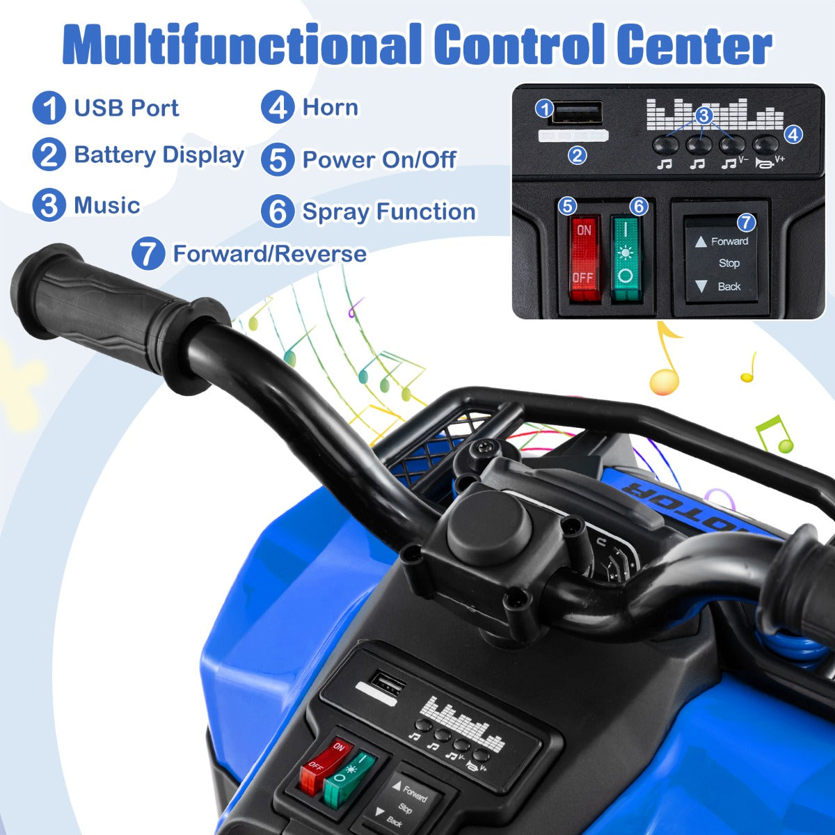 6V Kids Ride On ATV with Music and Spray Function-Blue