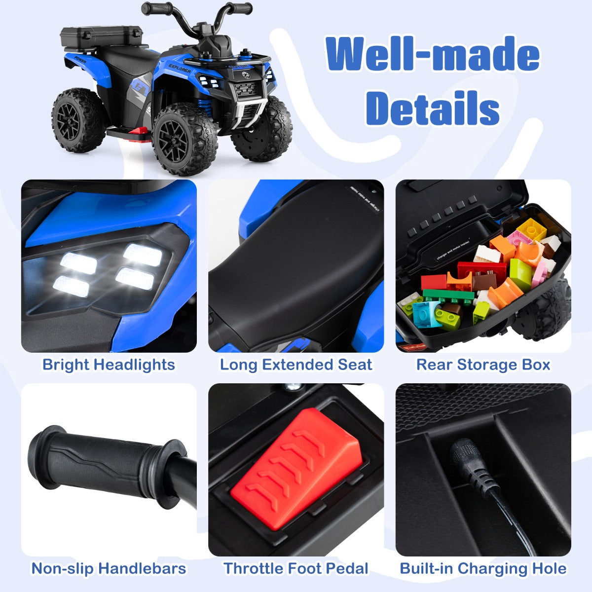 6V Kids Ride On ATV with Music and Spray Function-Blue