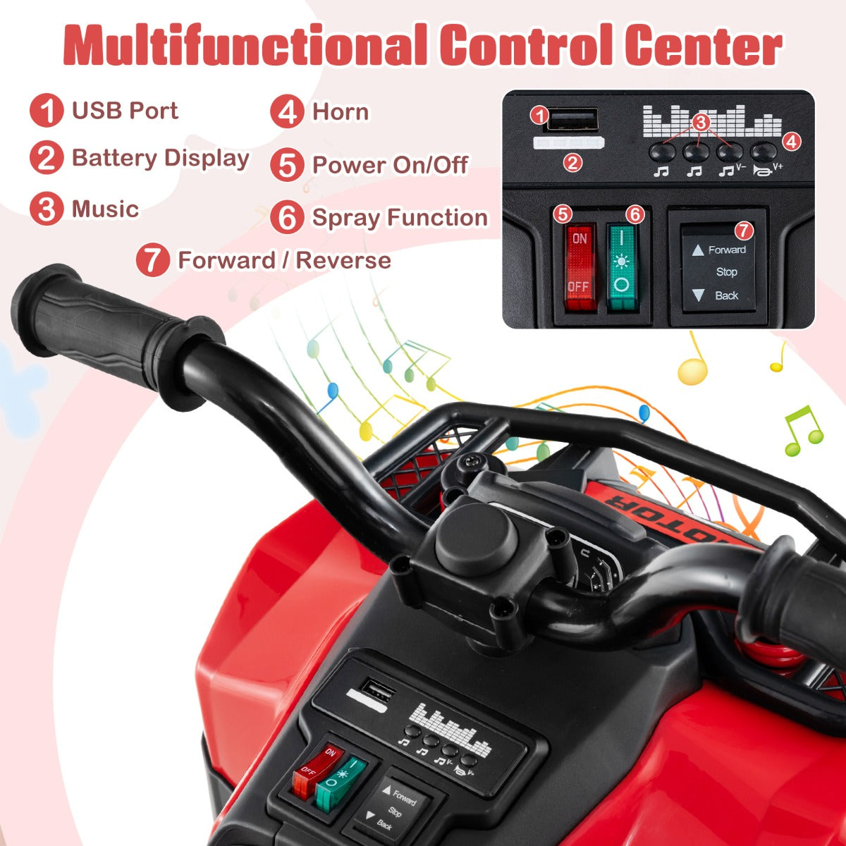 6V Kids Ride On ATV with Music and Spray Function-Red