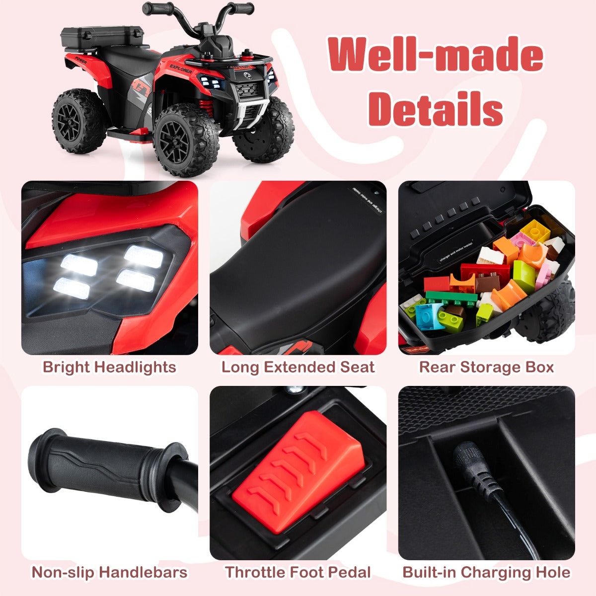 6V Kids Ride On ATV with Music and Spray Function-Red