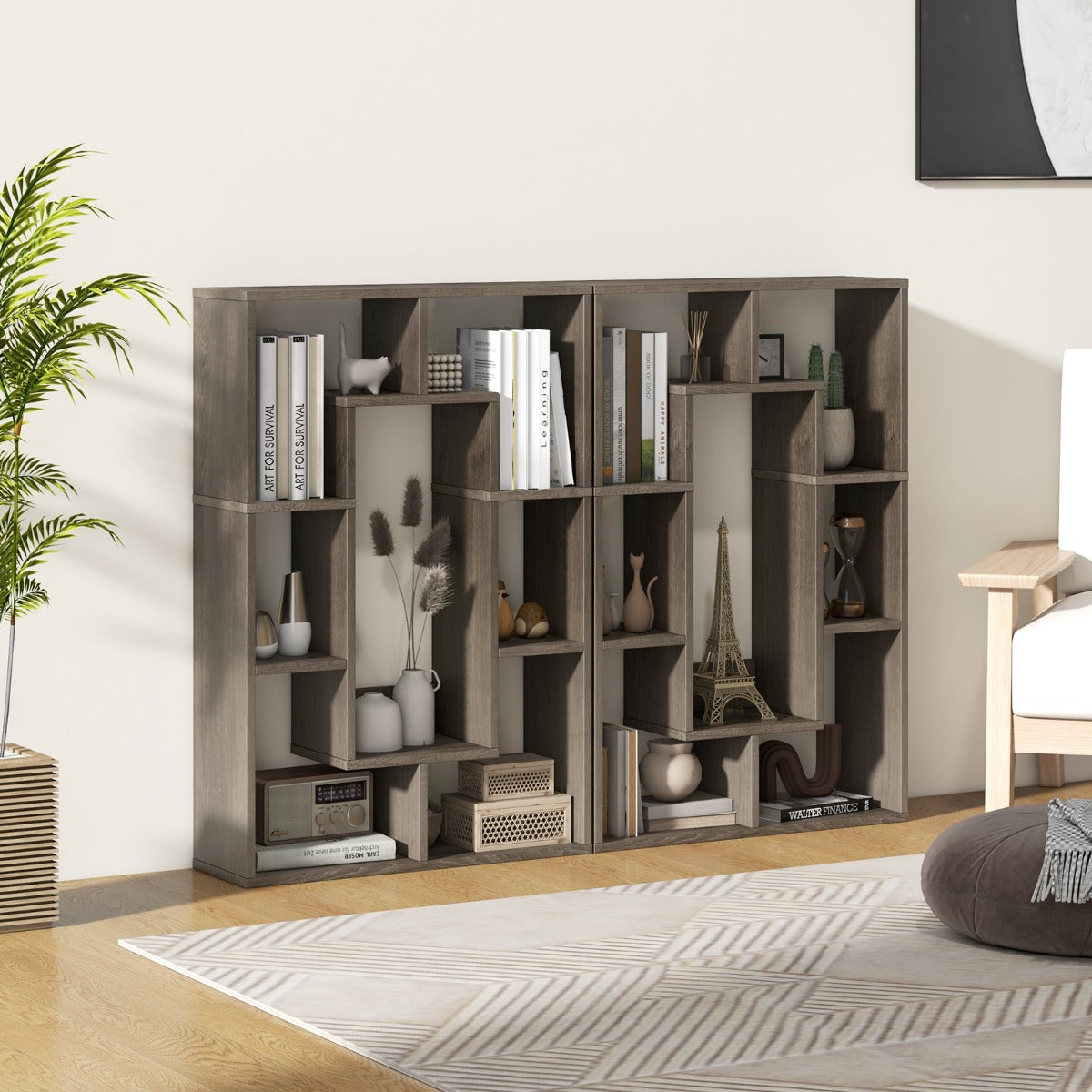 Unique geometric bookcase adds modern visual appeal to living rooms, bedrooms, studies, and offices