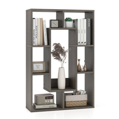 Geometric bookshelf features seven open cubes for storing books, plants, photos, baskets, and ornaments