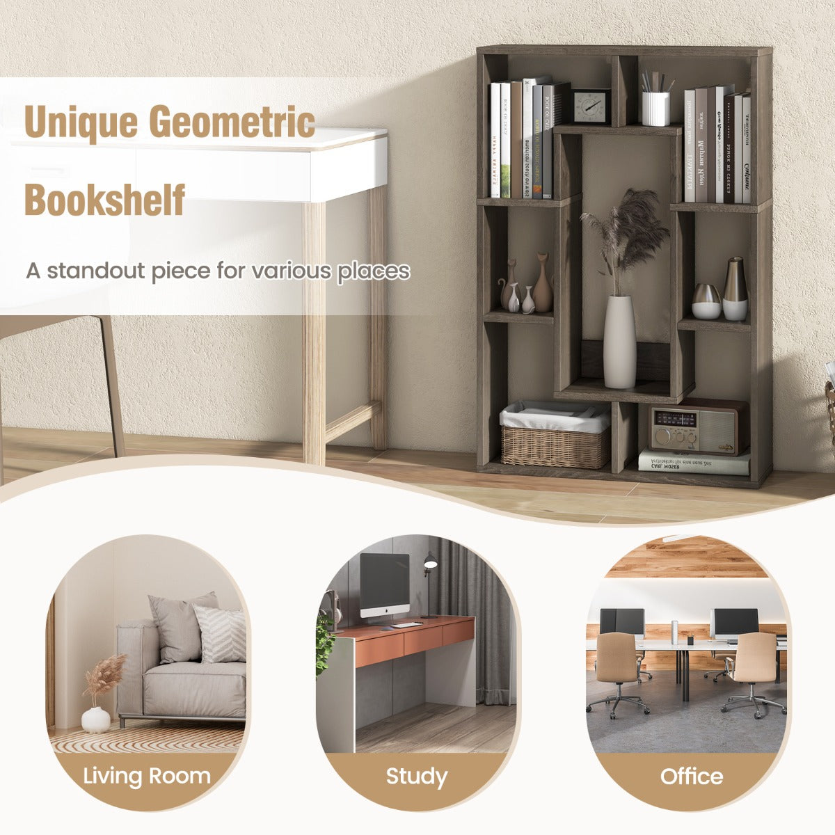 Protective edge design helps keep books and decorations from falling from the open shelves