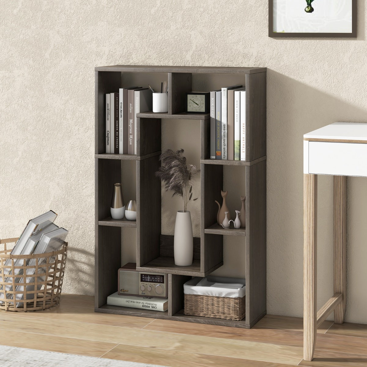 Non-slip foot pads help prevent scratches and protect flooring beneath the freestanding bookcase