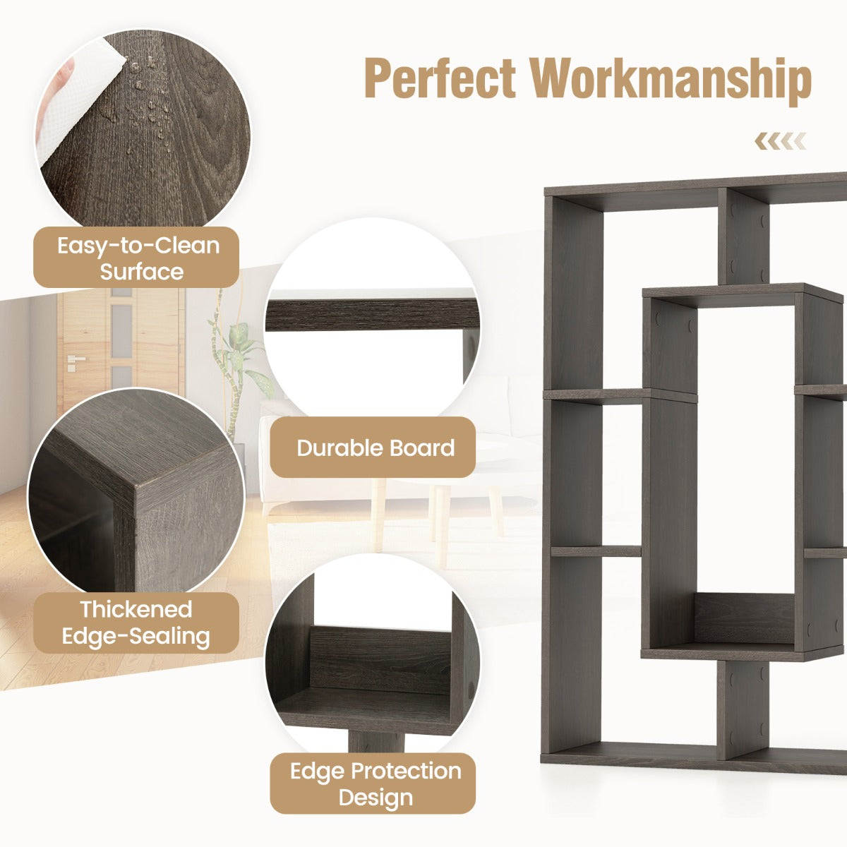 Versatile seven-cube shelf can function as a bookcase, display unit, or room divider