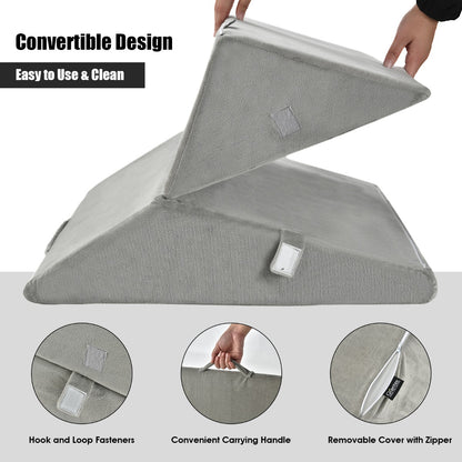 Grey 7-in-1 adjustable bed wedge pillow showing convertible design, handle and removable cover