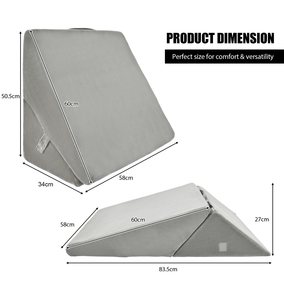 Grey 7-in-1 adjustable bed wedge pillow showing 58 cm x 50.5 cm x 34 cm dimensions