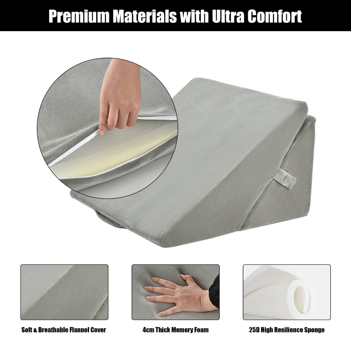 Grey 7-in-1 adjustable bed wedge pillow showing flannel cover, memory foam and sponge materials