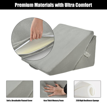Grey 7-in-1 adjustable bed wedge pillow showing flannel cover, memory foam and sponge materials