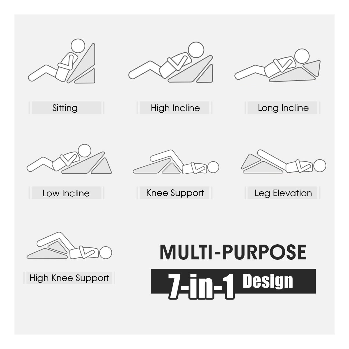 7-in-1 adjustable bed wedge pillow showing sitting, incline, knee support and leg elevation positions